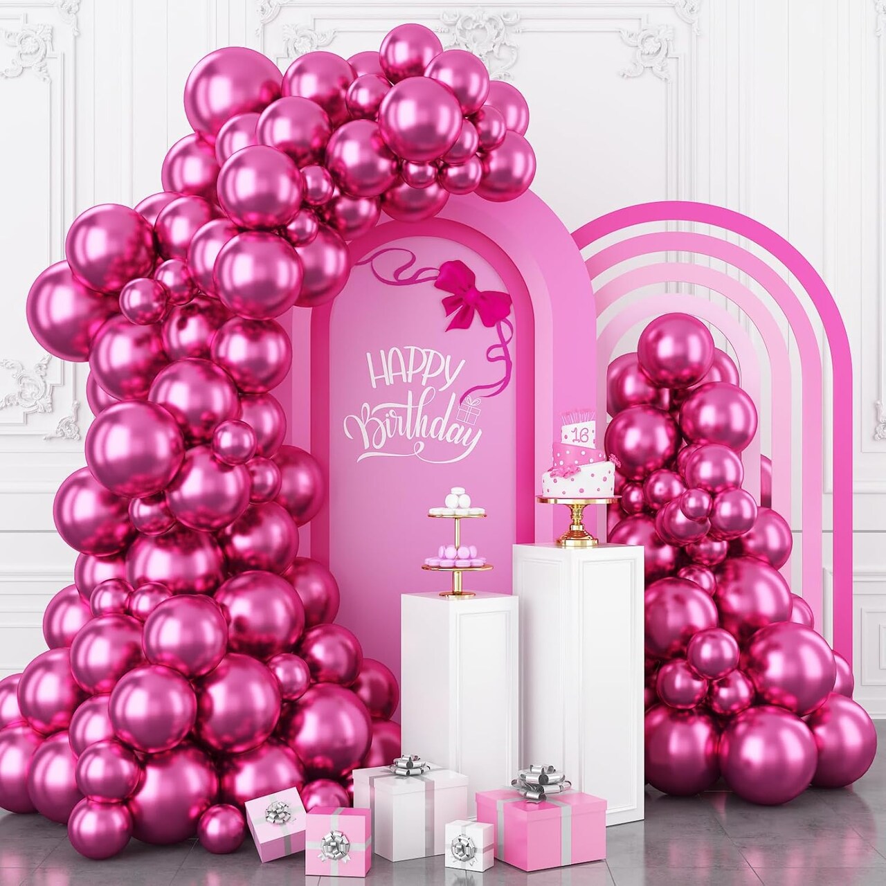 Chrome Hot Pink Balloons Arch Kit, 100 Packs Different Sizes 12 10 5 Inches Metallic Fuschia Pink Balloon Garland Arch Kit, Shiny Fuchsia Balloons for Girls Women Birthday Wedding Decoration